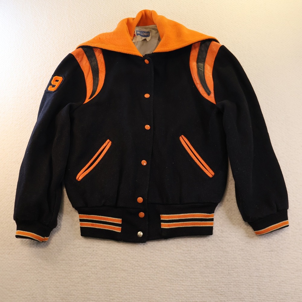 Holloway Womens M Varsity‎ Jacket Black Orange Westville Tigers Sailor Hood VTG